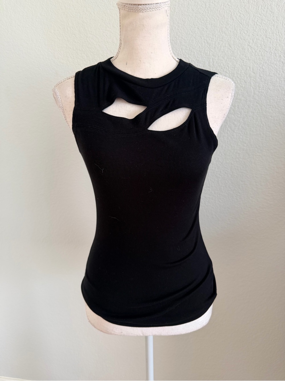 LNA Black Ribbed Tank Top with Cutout Front